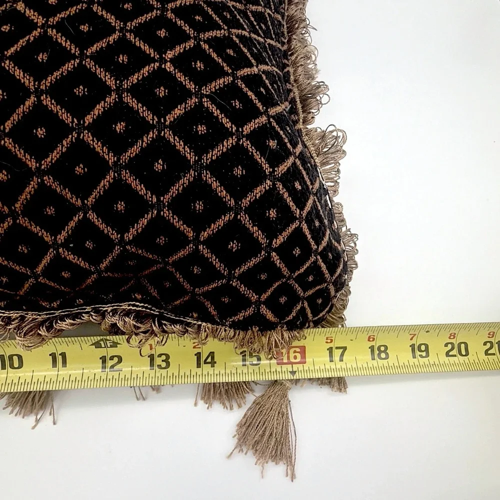VTG Black Gold Tapestry Velvet Throw Pillow Damask Floral Tassel Trim